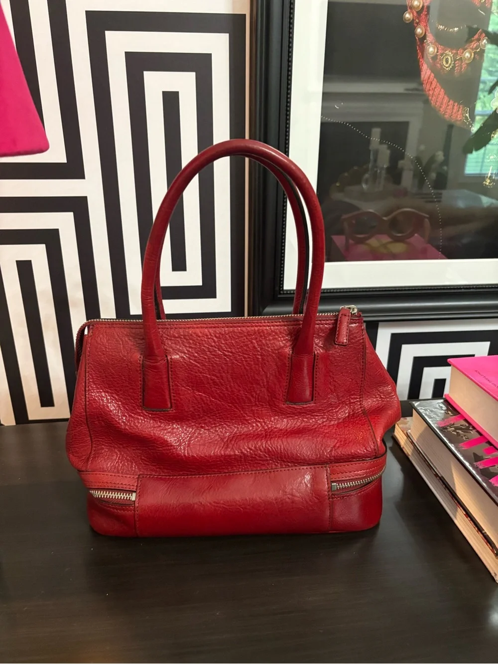 Vintage EL Portal Structured Red Leather Satchel Handbag